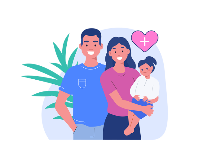 illustrated image of a smiling man, woman, and child