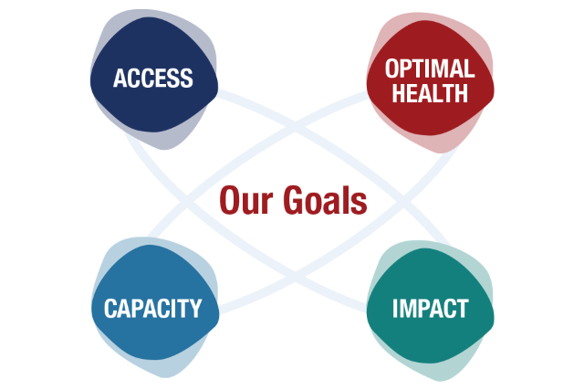 A graphic displaying "Our Goals" as "Access, Optimal Health, Capacity, and Impact."